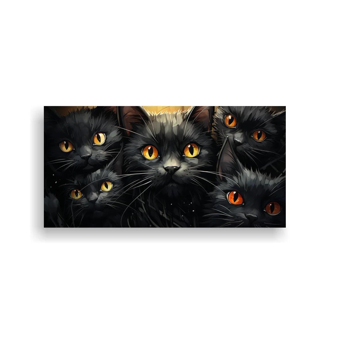 Cuadro grupo de gatos negros asomando entre sombras