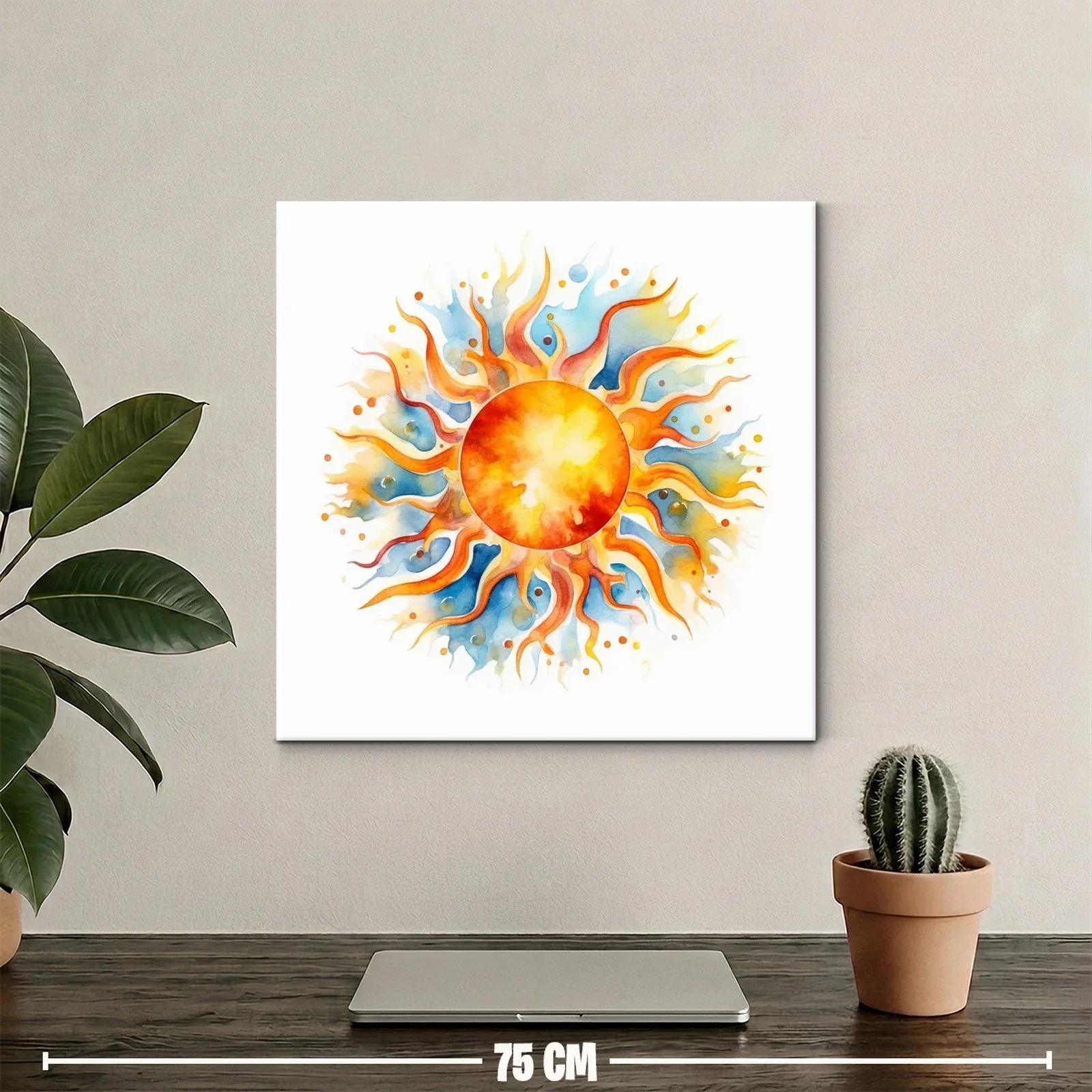 Sol radiante con flamas naranjas y tonos azules de acuarela — miniatura 2