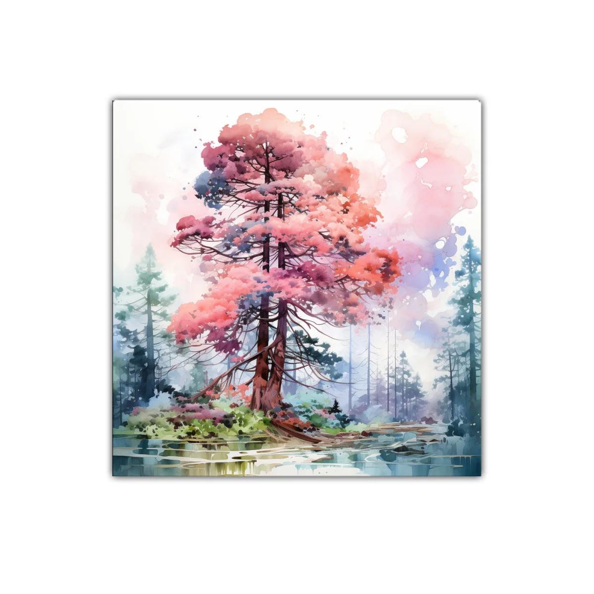 Árbol en tonos rosa y azul en paisaje sereno