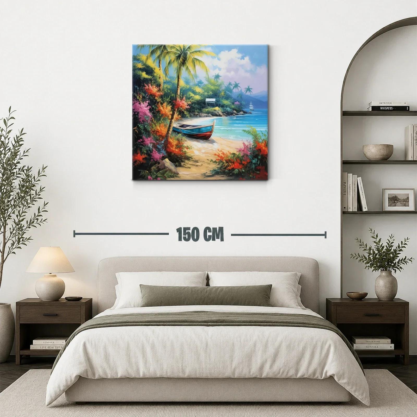 Paisaje tropical con barca en playa paradisíaca y flora vibrante — miniatura 3