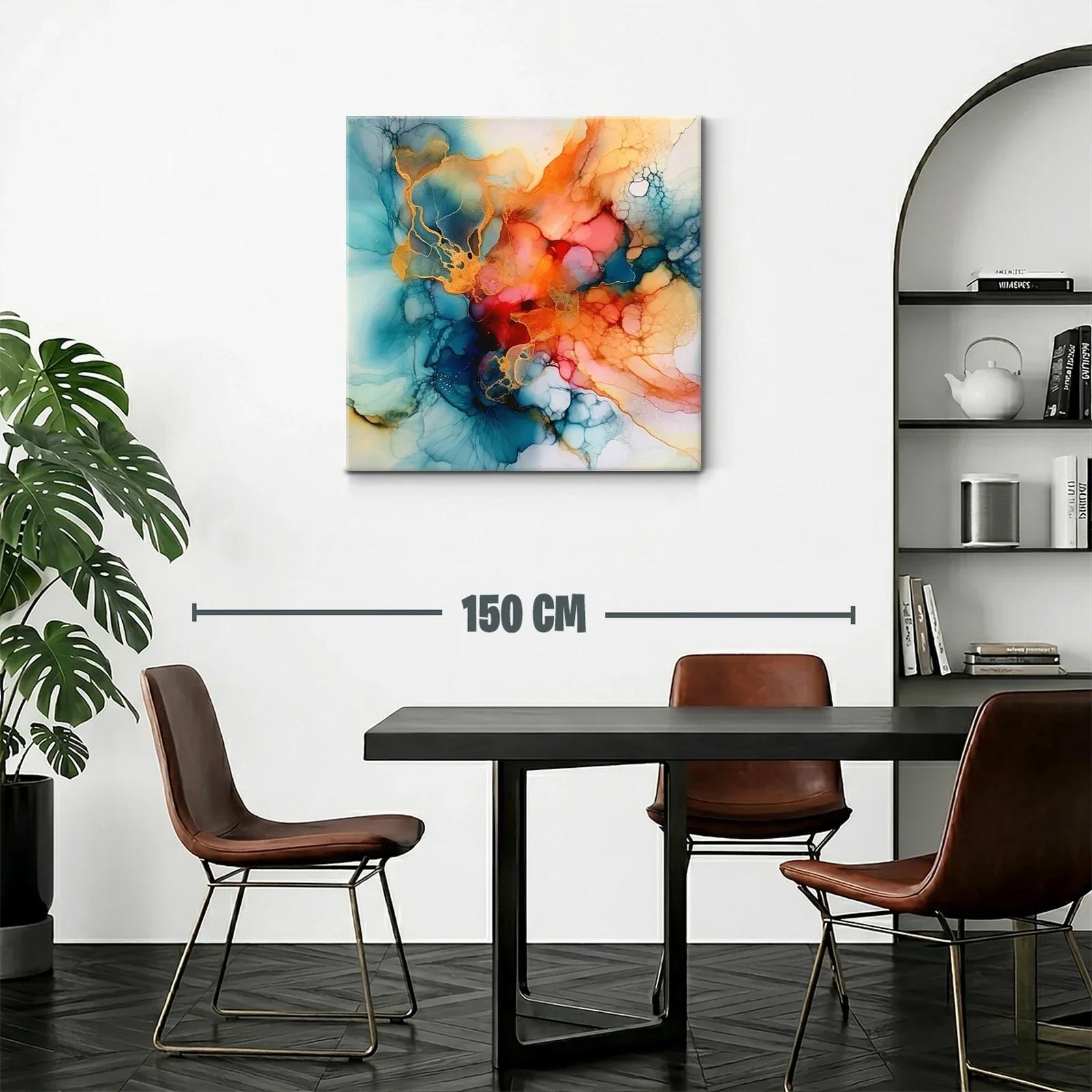 Cuadro abstracto con fluidez en tonos cálidos y azules — miniatura 2