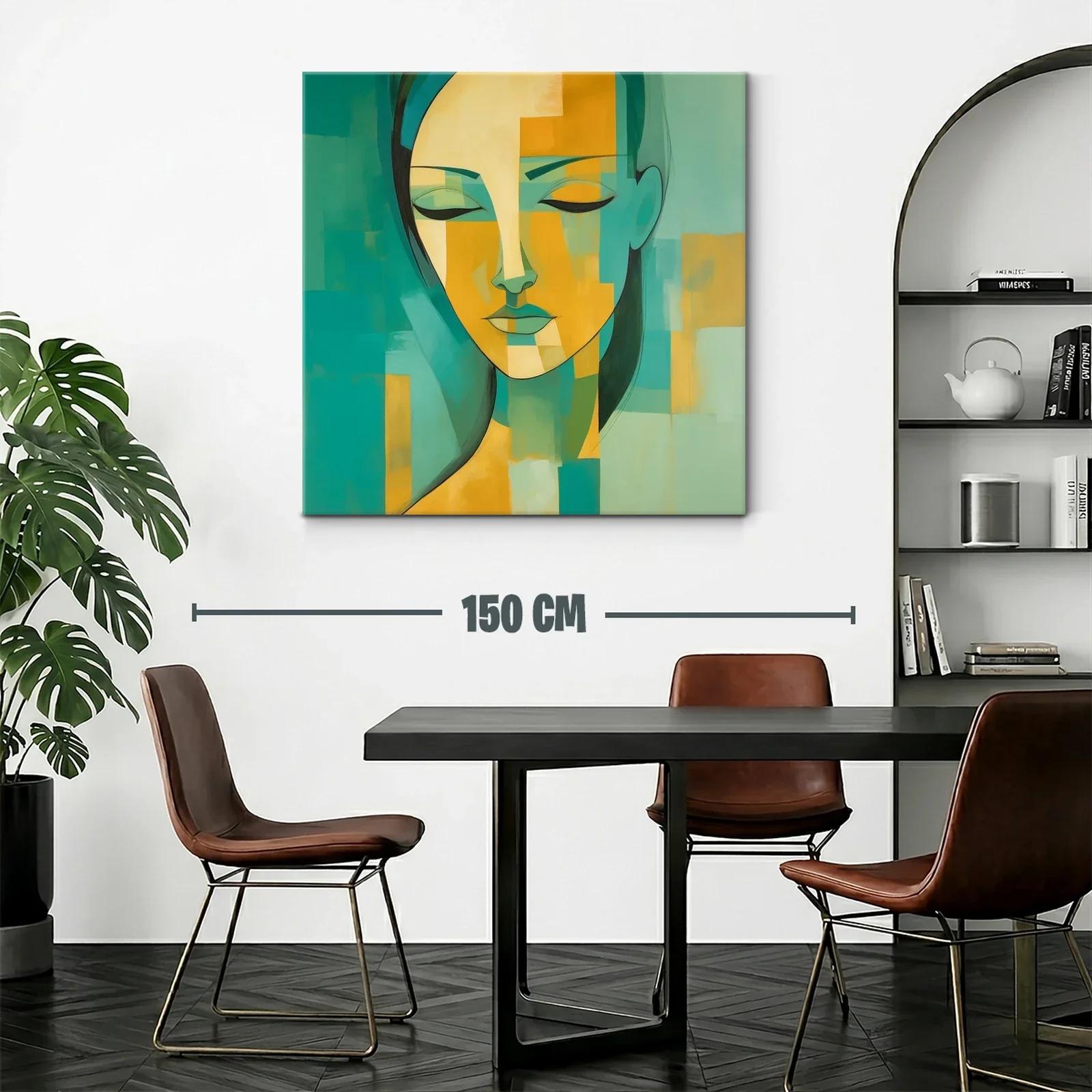 Cuadro abstracto rostro femenino en tonos verdes y amarillos — miniatura 2