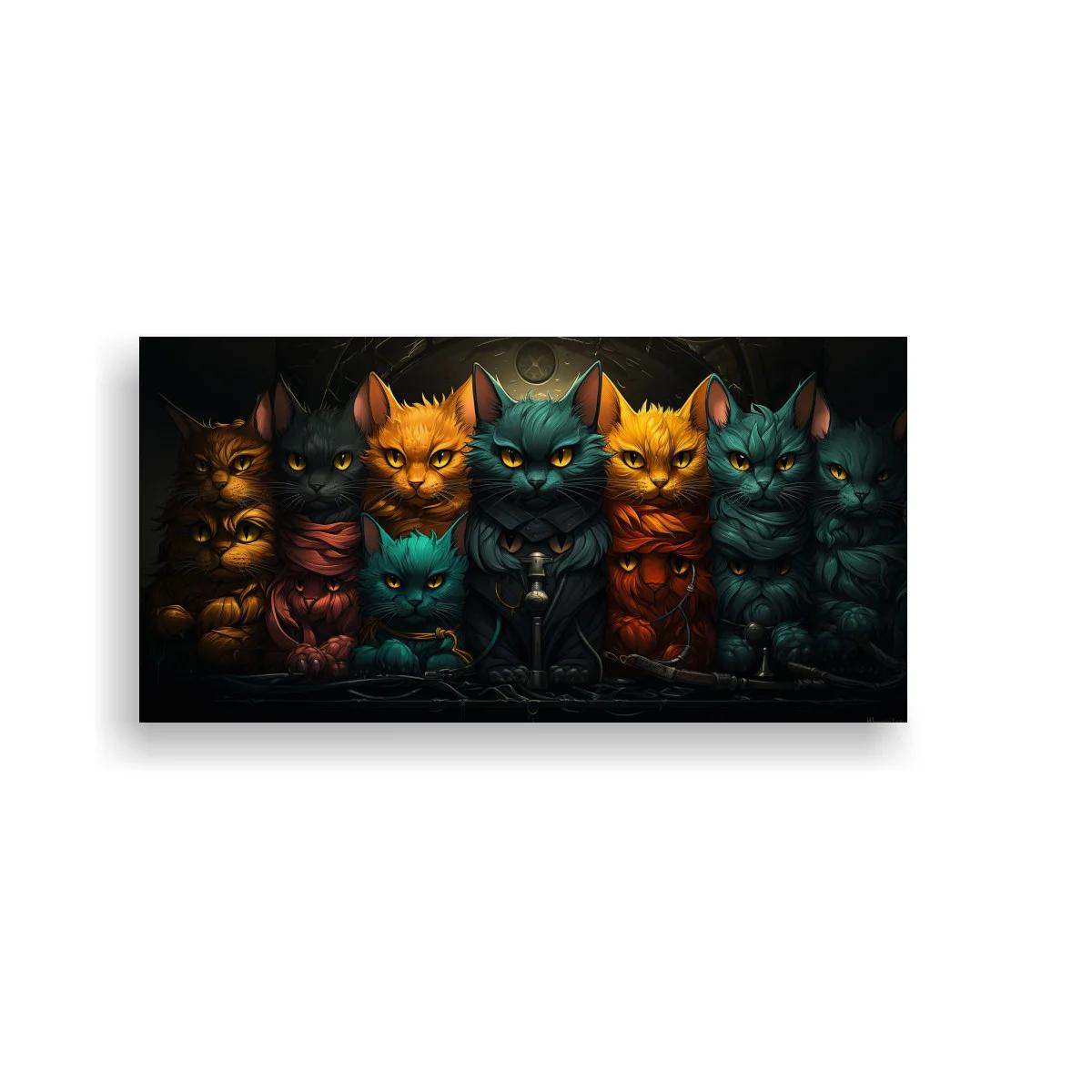 Cuadro grupo de gatos con collares y fondo oscuro — imagen principal