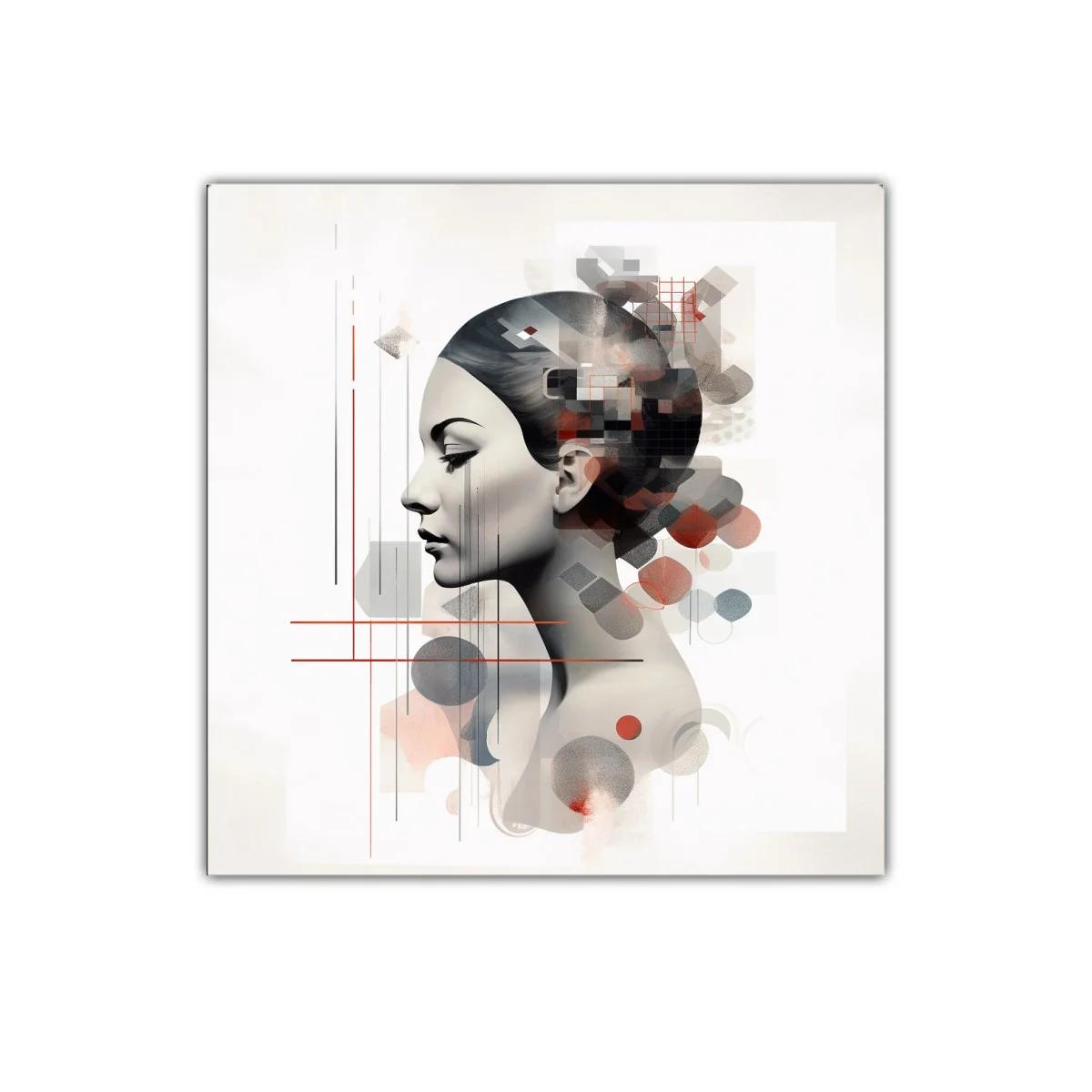 Retrato femenino con abstracción geométrica y tonos cálidos — imagen principal
