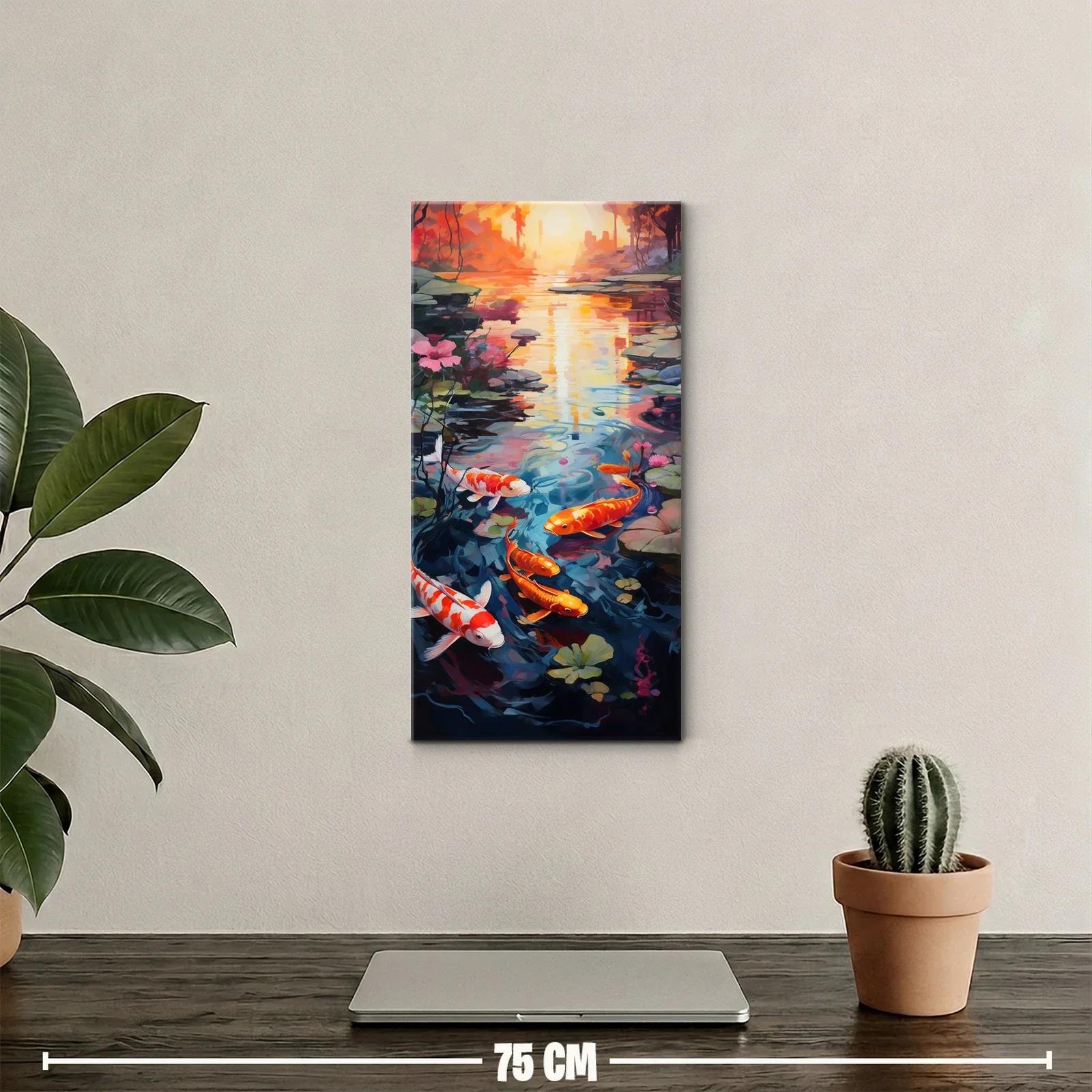 Cuadro peces koi naranjas y blancos con nenúfares y flores rosadas — miniatura 2