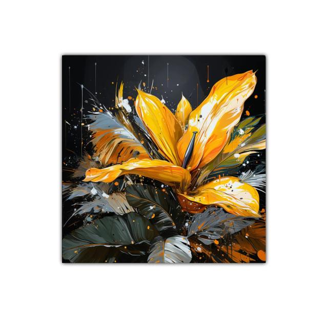 Cuadro vibrante con flor amarilla y hojas en tonos oscuros