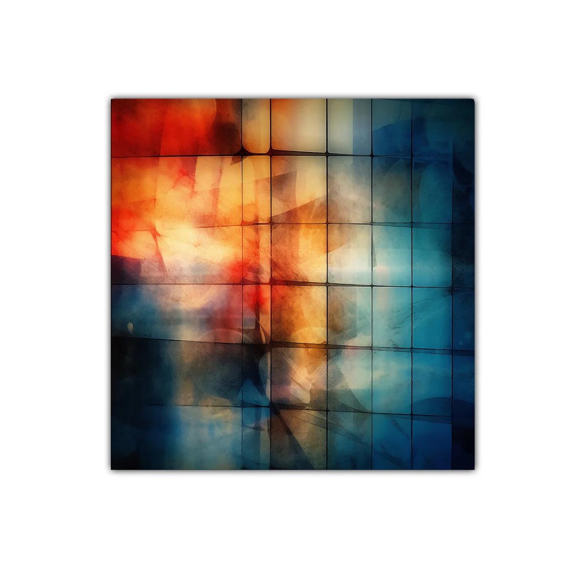 Cuadro abstracto con colores cálidos y fríos en armonía