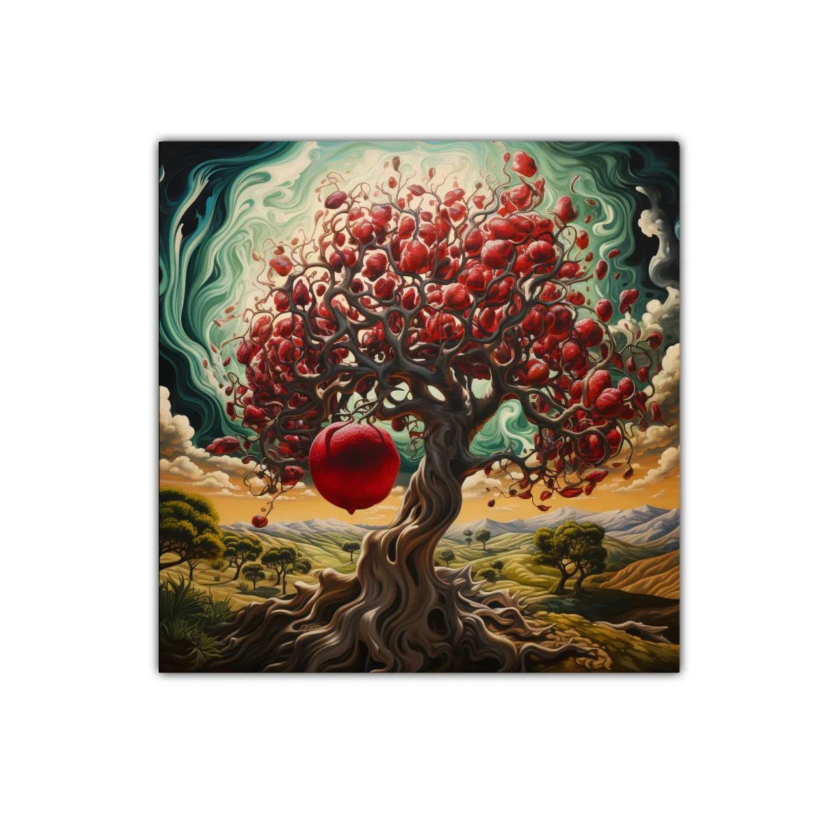 Árbol de granadas con paisaje onírico y cielos turbulentos