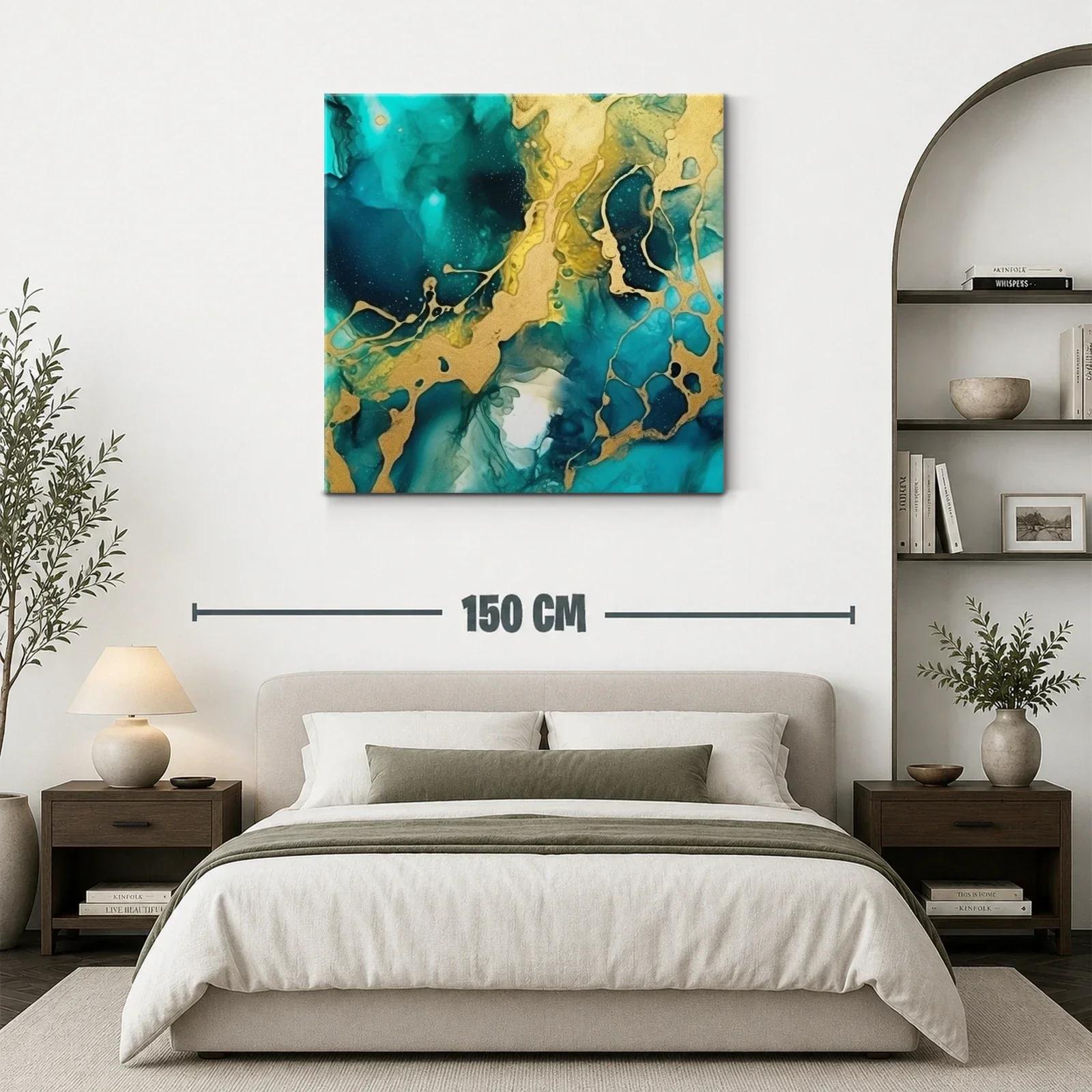 Cuadro abstracto con tonos turquesa y dorados vibrantes — miniatura 3