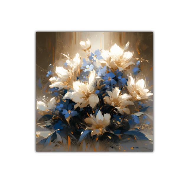 Ramo de flores luminosas en tonos azul y dorado