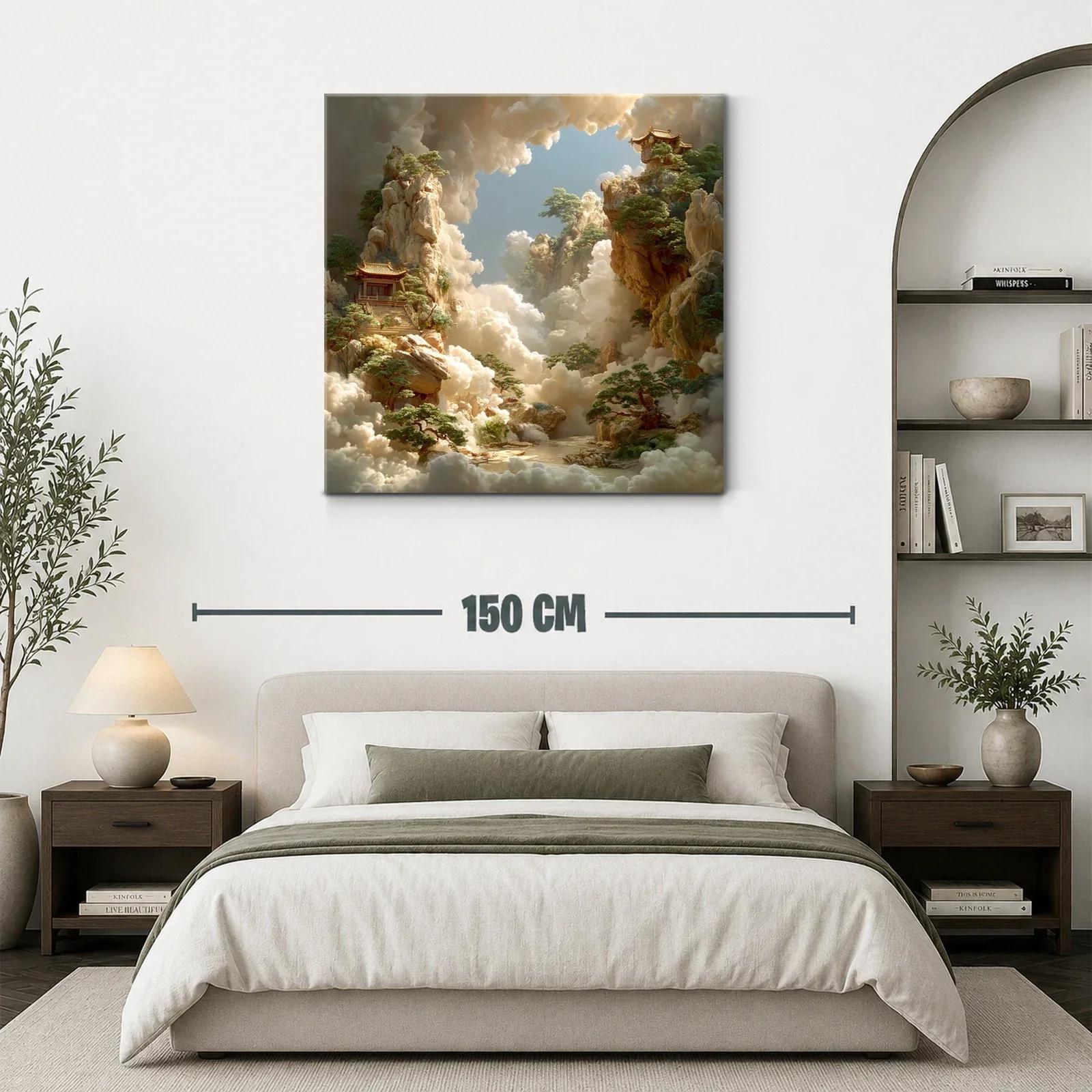 Paisaje onírico con templos en jardines elevados y nubes doradas — miniatura 3