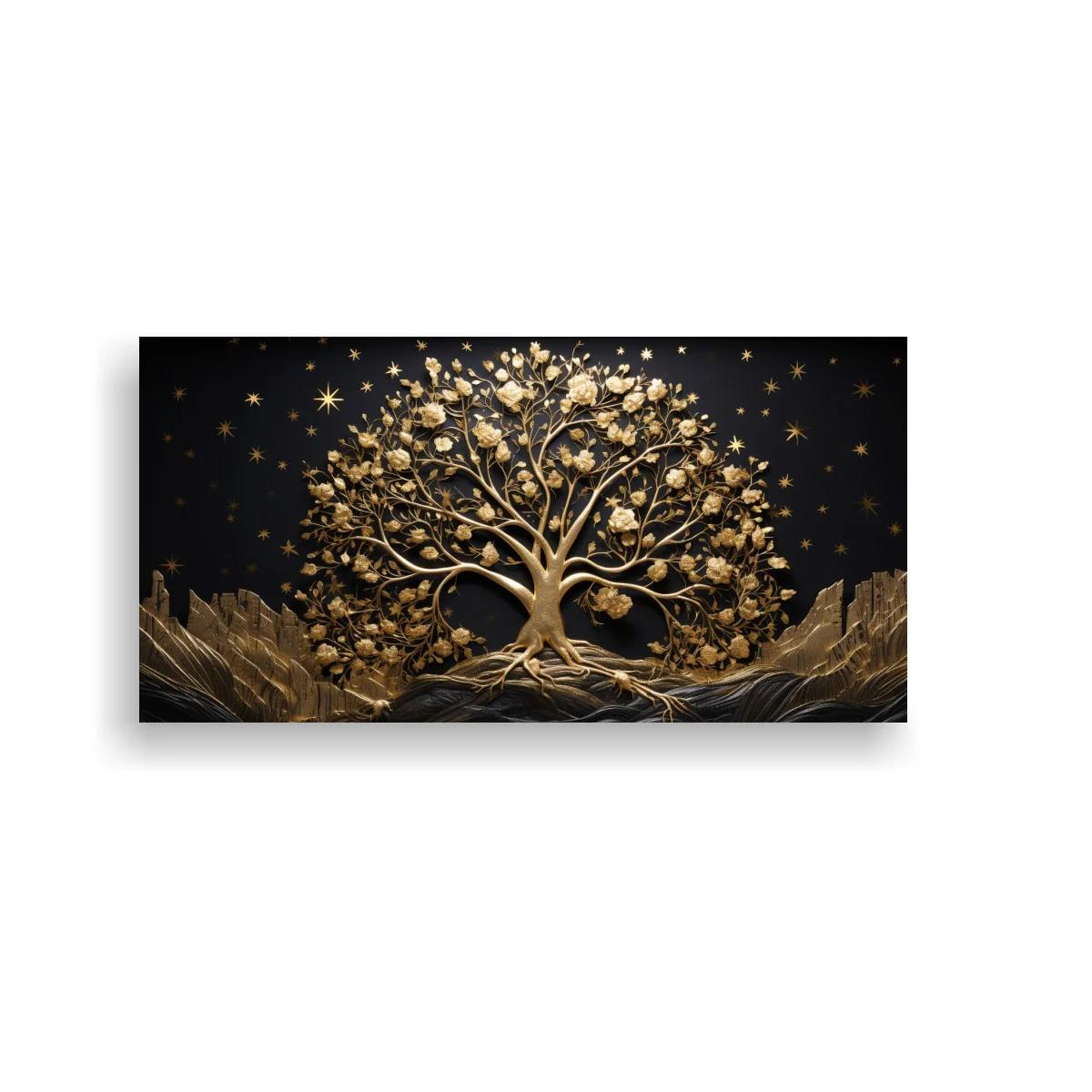 Cuadro árbol de la vida dorado con montañas y cielo estrellado — imagen principal