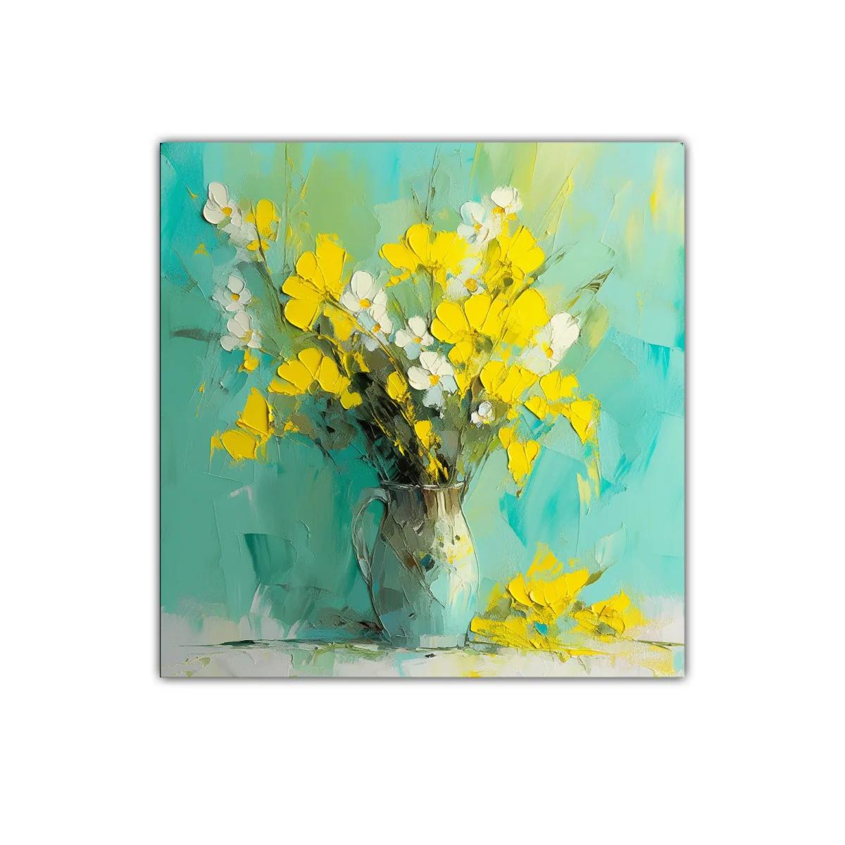 Cuadro flores amarillas sobre fondo turquesa vibrante — imagen principal