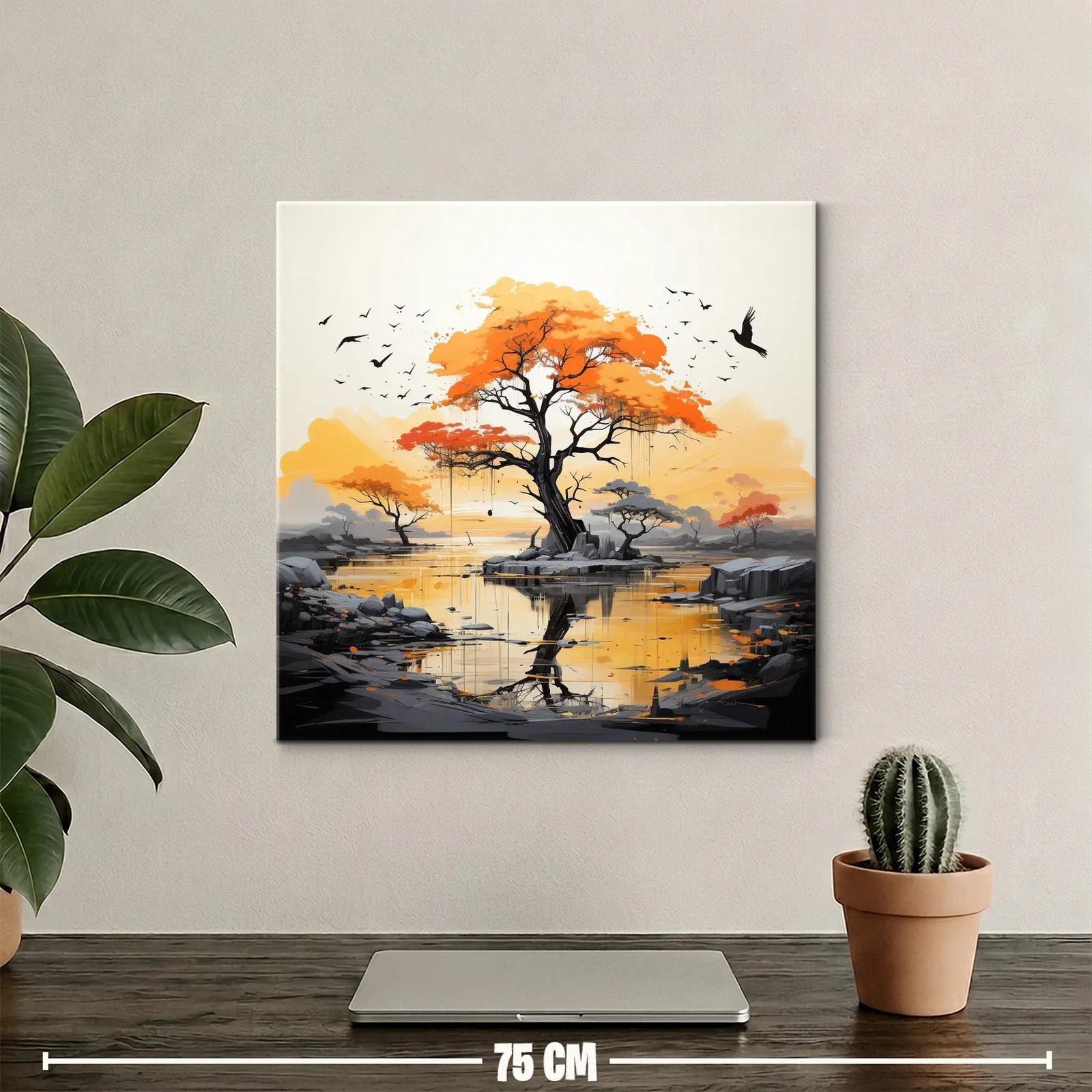 Árboles en atardecer naranja reflejados en agua tranquila — miniatura 2