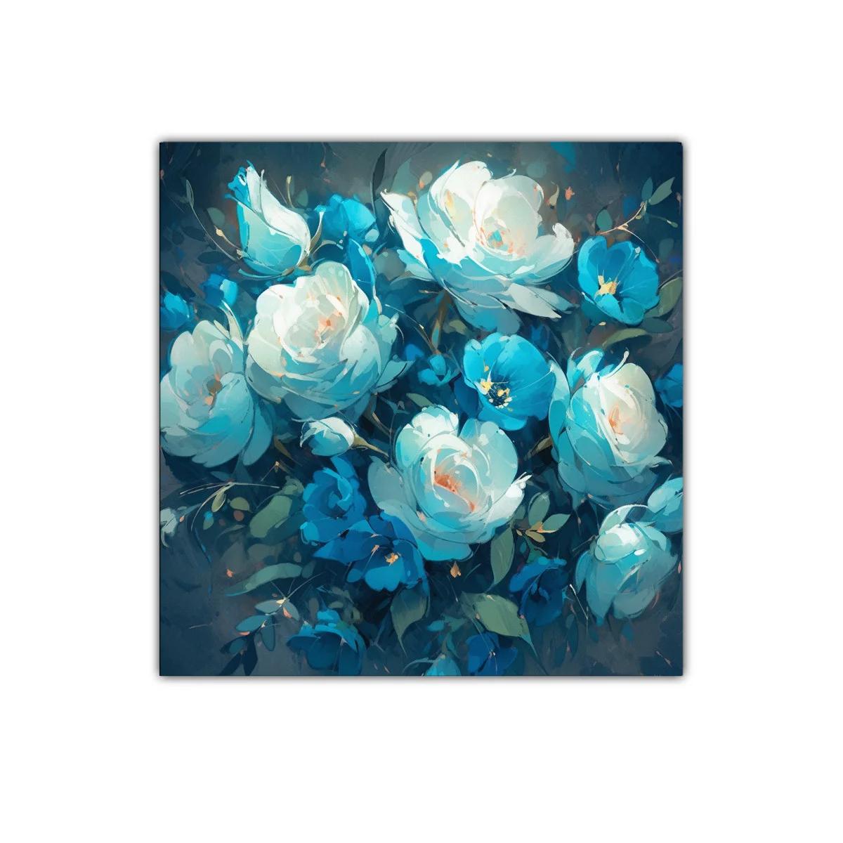 Naturaleza en calma con flores en tonos azul y blanco