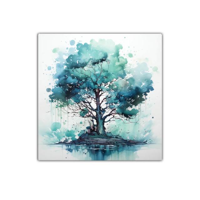 Árbol azul en isla serena con reflejo acuático