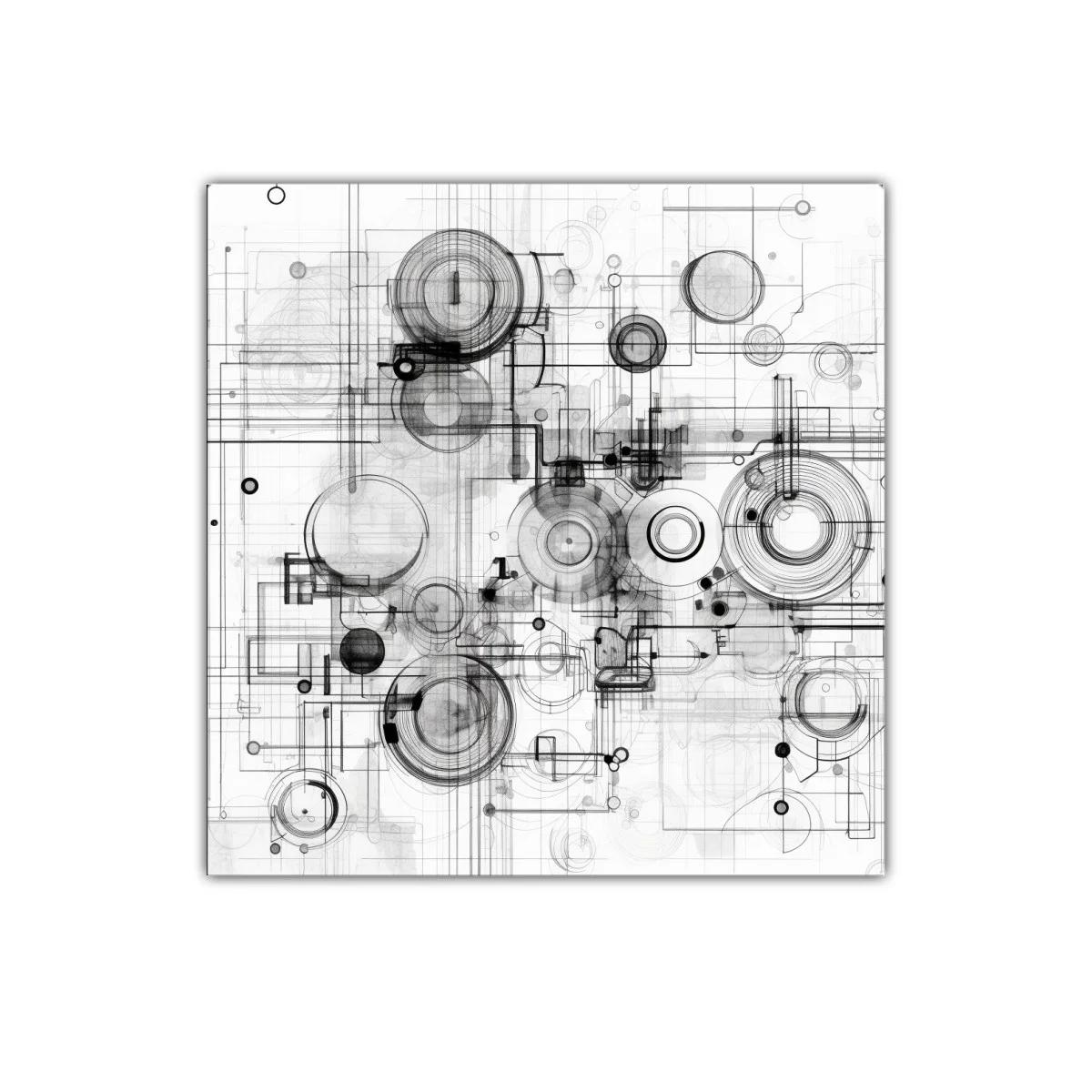 Composición abstracta en grises con formas circulares y líneas precisas