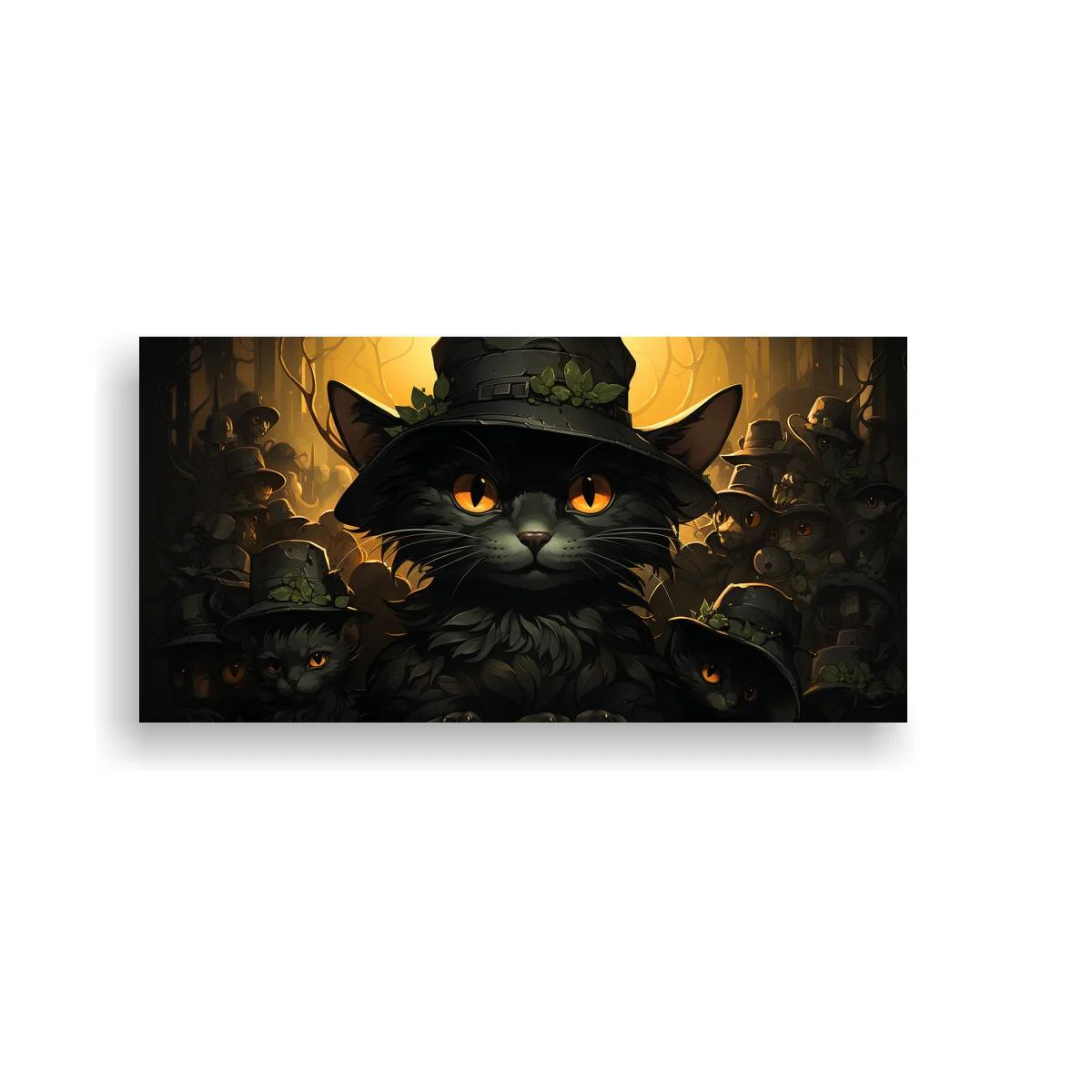 Cuadro gato negro con sombrero y setas