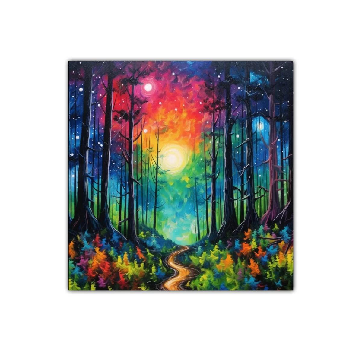 Paisaje forestal vibrante con cielo multicolor y camino luminoso — imagen principal