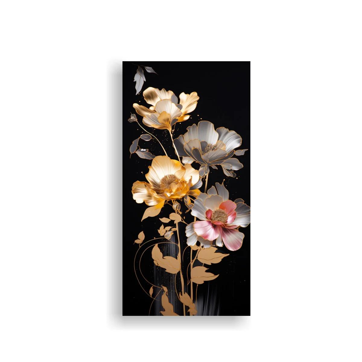 Cuadro flores doradas y rosadas con anillos gráficos