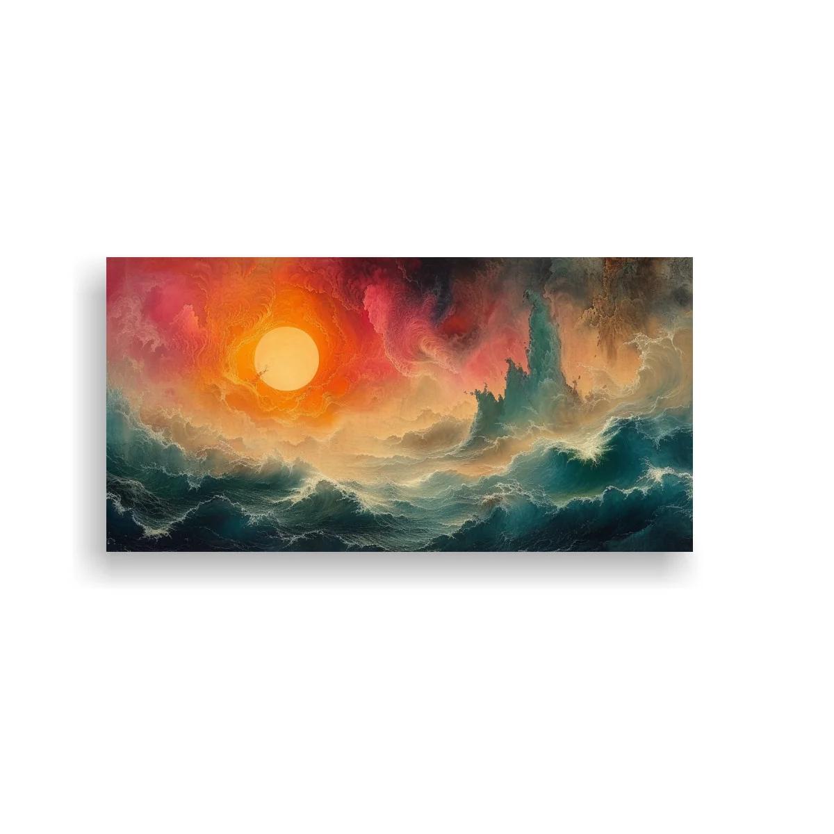 Cuadro sol sobre mar tormentoso con cielo rojo y olas agitadas — imagen principal