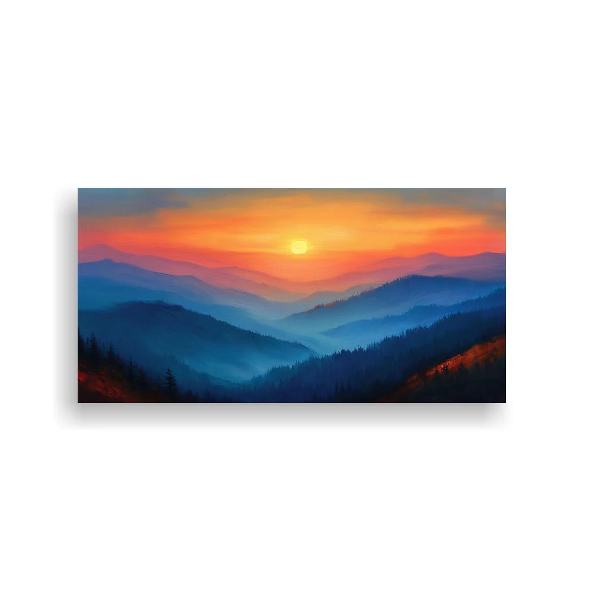 Cuadro atardecer sobre montañas con bruma y pinos