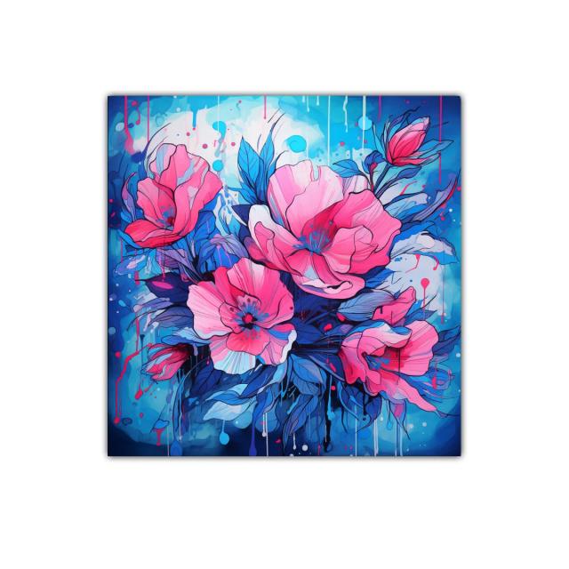 Cuadro vibrante con flores rosas y azul eléctrico