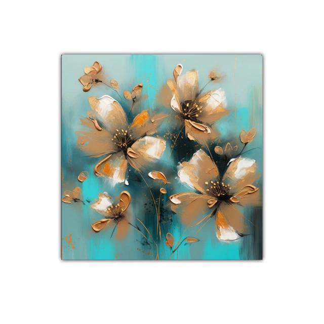 Cuadro decorativo flores en tonos dorados y azul turquesa