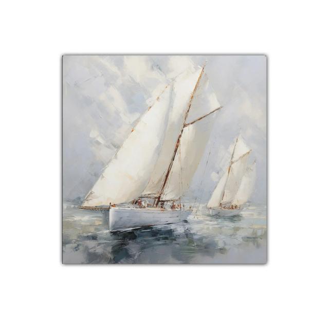 Elegante cuadro de veleros en mar sereno y cielo nublado