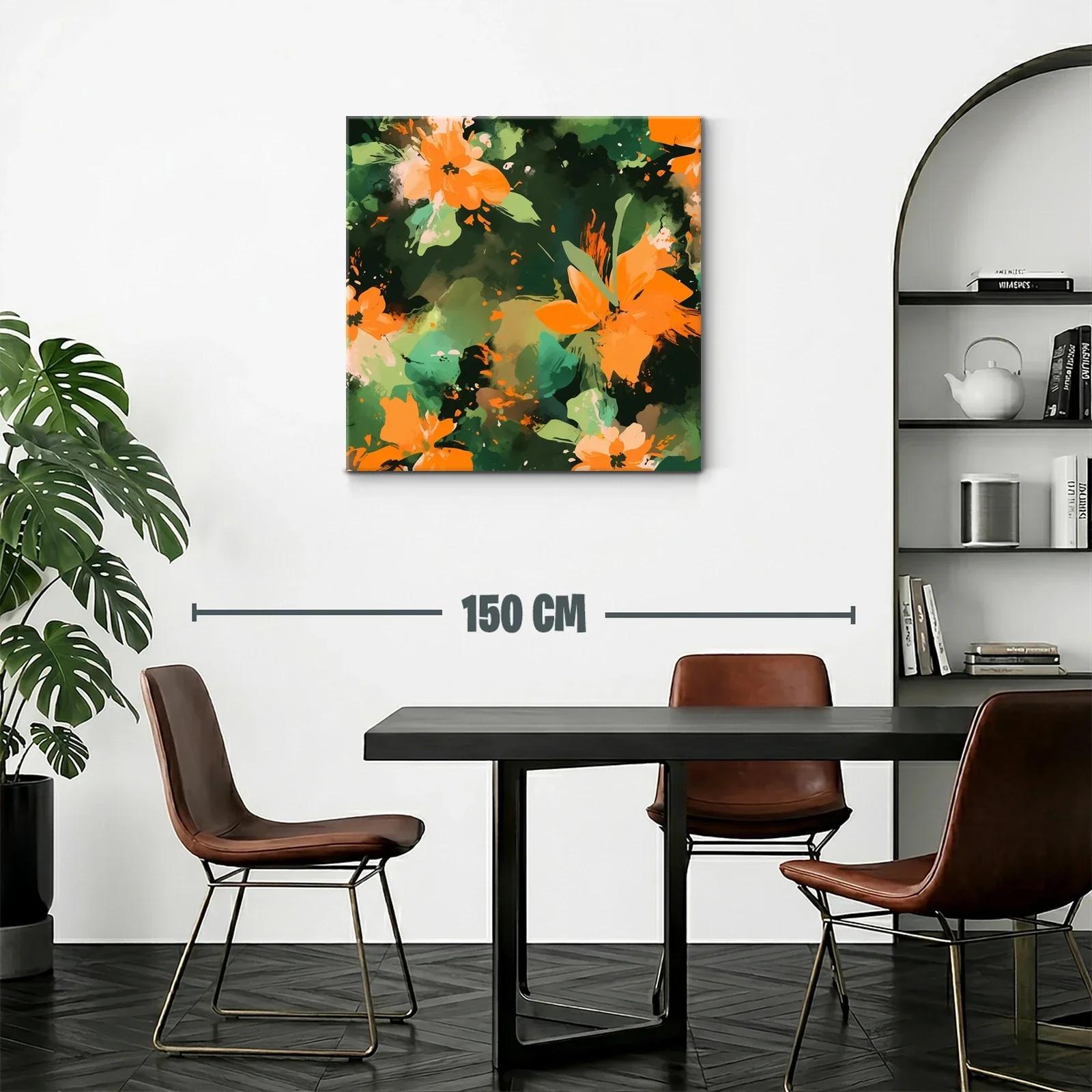 Cuadro abstracto con flores naranja y fondo verde oscuro — miniatura 2