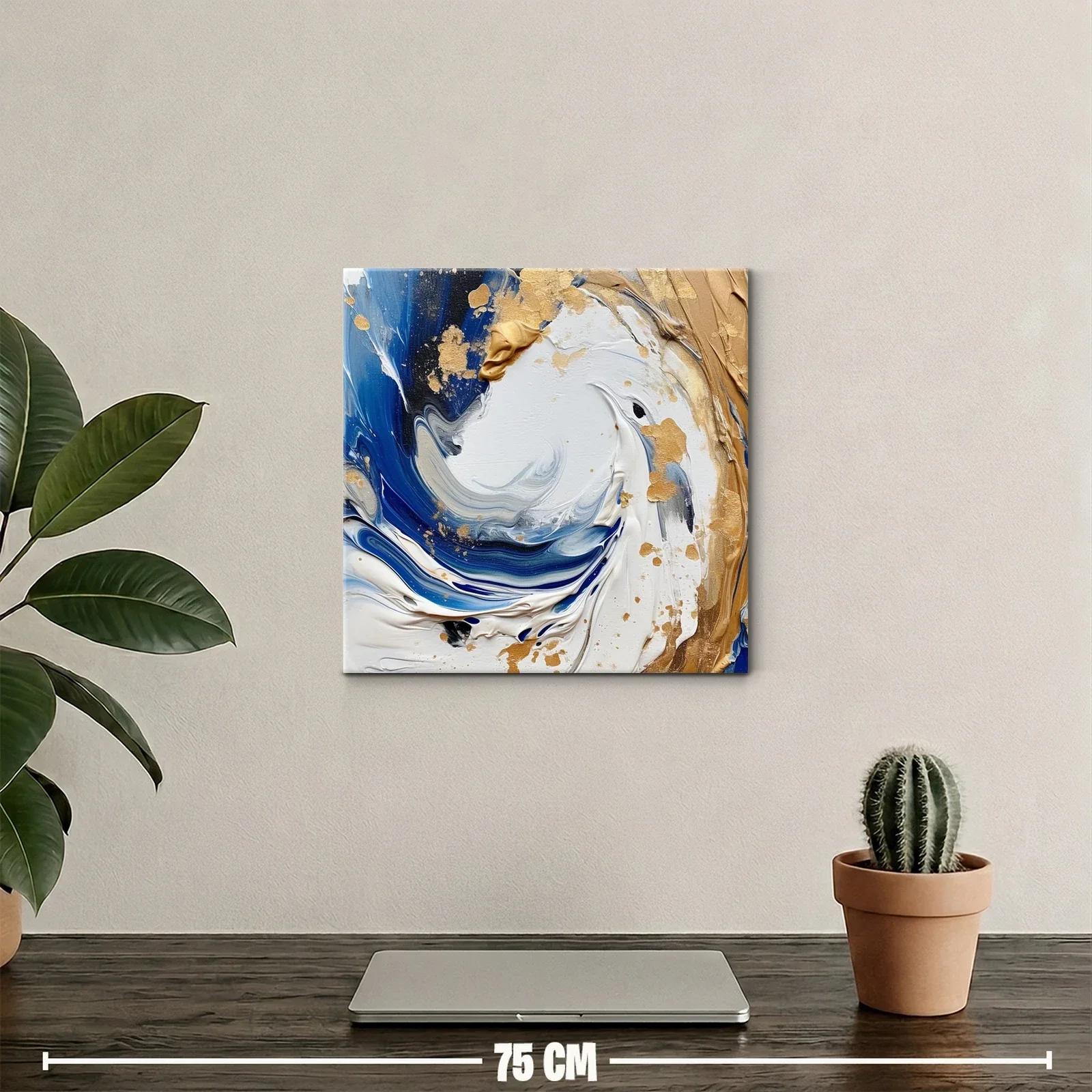 Cuadro abstracto en tonos azules y dorados con textura — miniatura 2