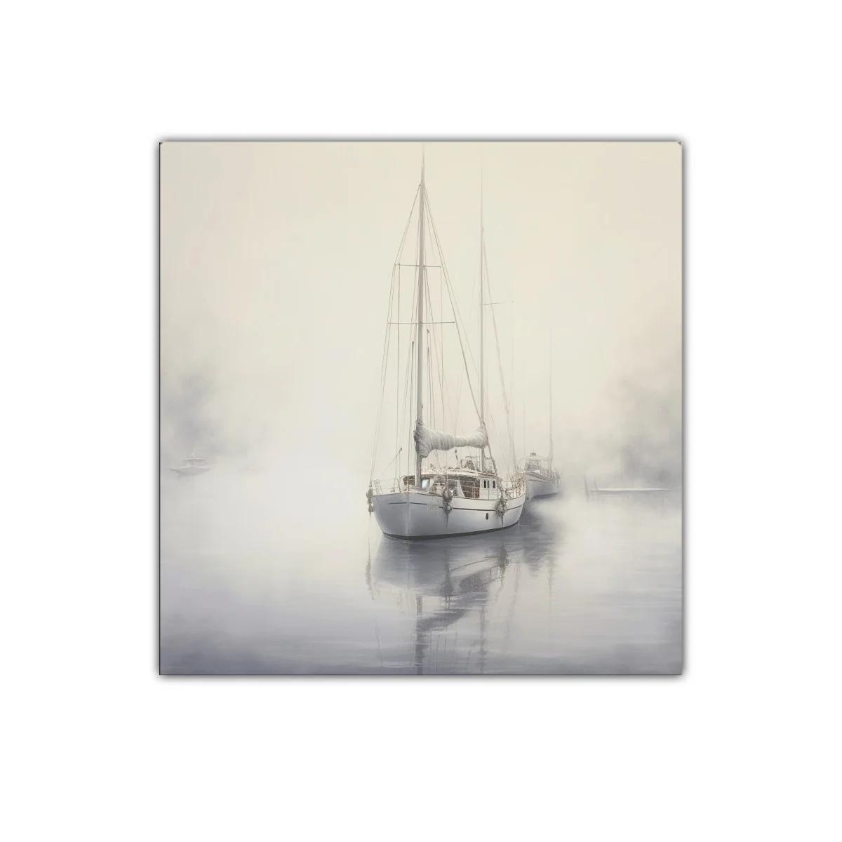 Velero en calma entre niebla matutina sutil