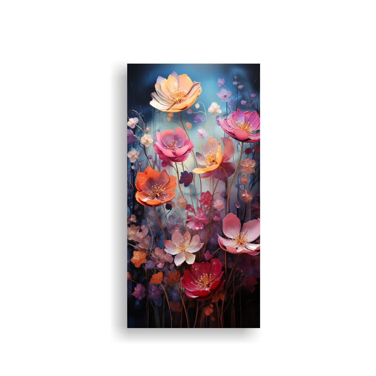 Cuadro flores tipo loto rosadas con capullos y fondo azul oscuro