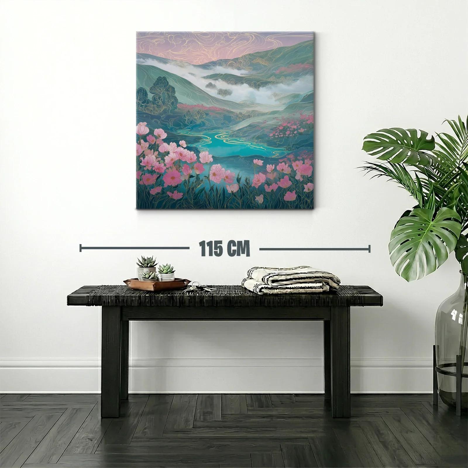 Paisaje floral con lago y montañas en tonos suaves — miniatura 2