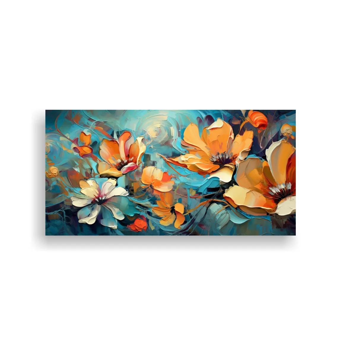 Cuadro magnolias naranjas y crema con fondo turquesa — imagen principal