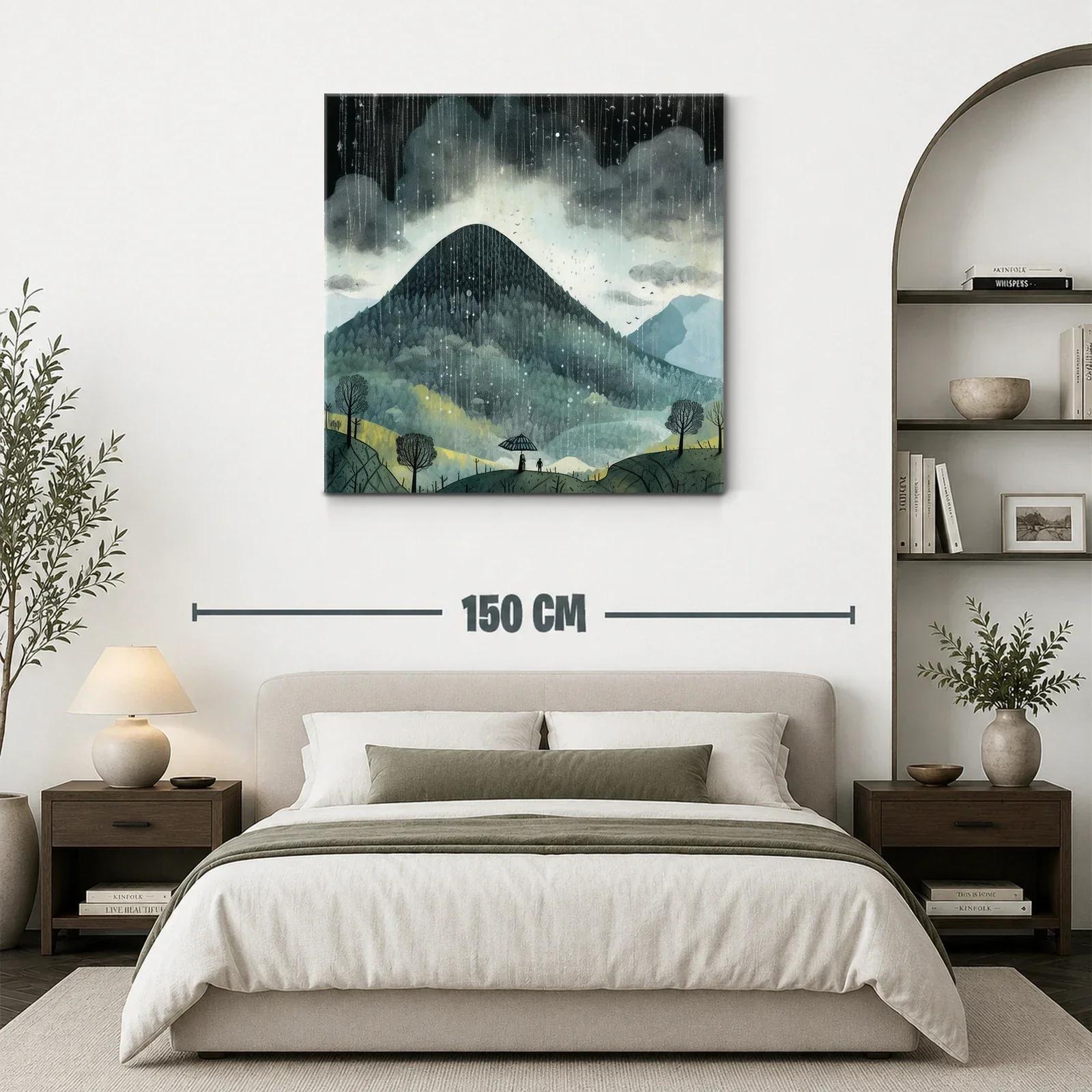 Paisaje de montaña bajo lluvia con siluetas y paraguas — miniatura 3
