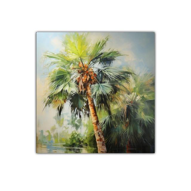 Palmera tropical con vibrantes tonos verdes y naranjas