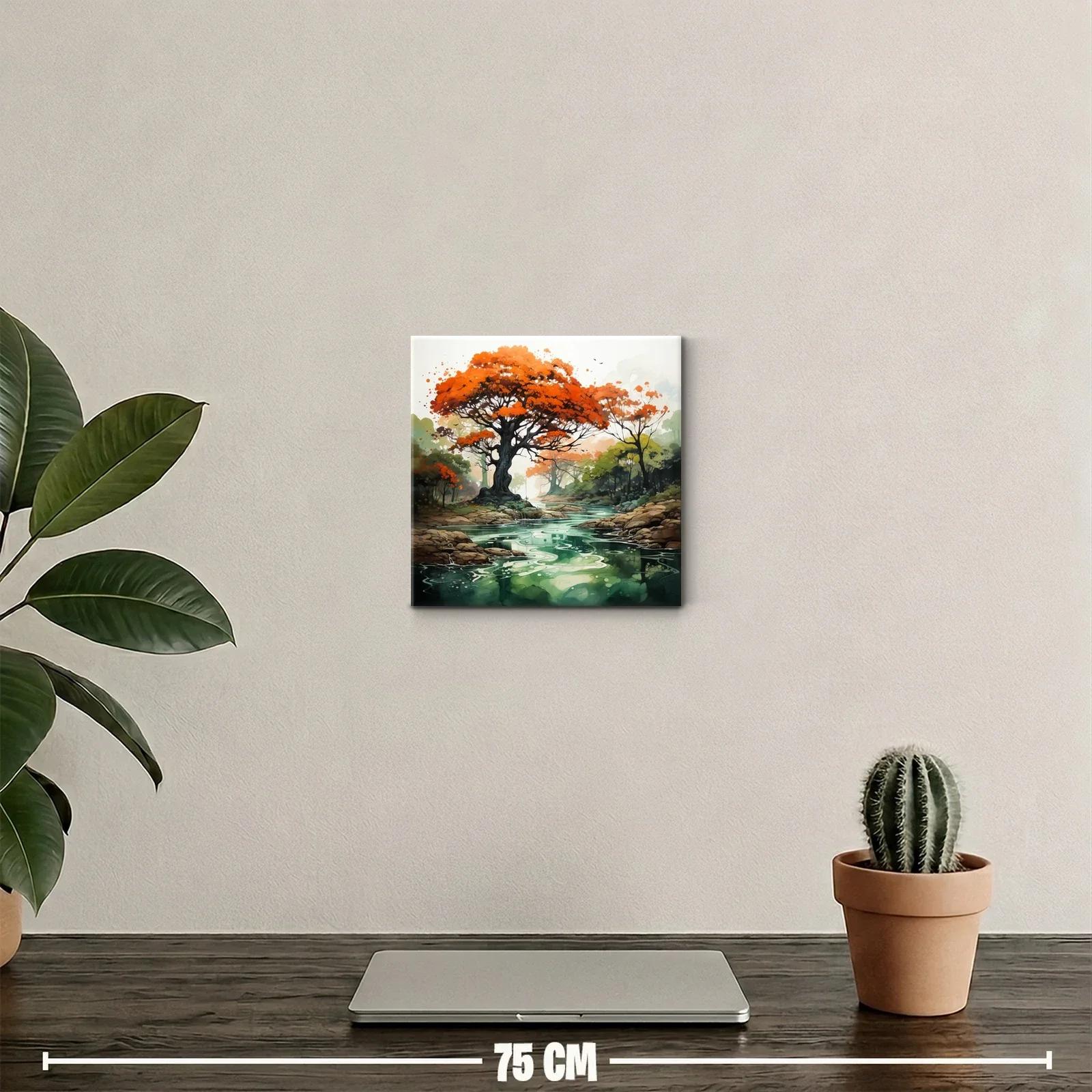 Árbol con follaje rojo sobre río sereno en paisaje natural — miniatura 2