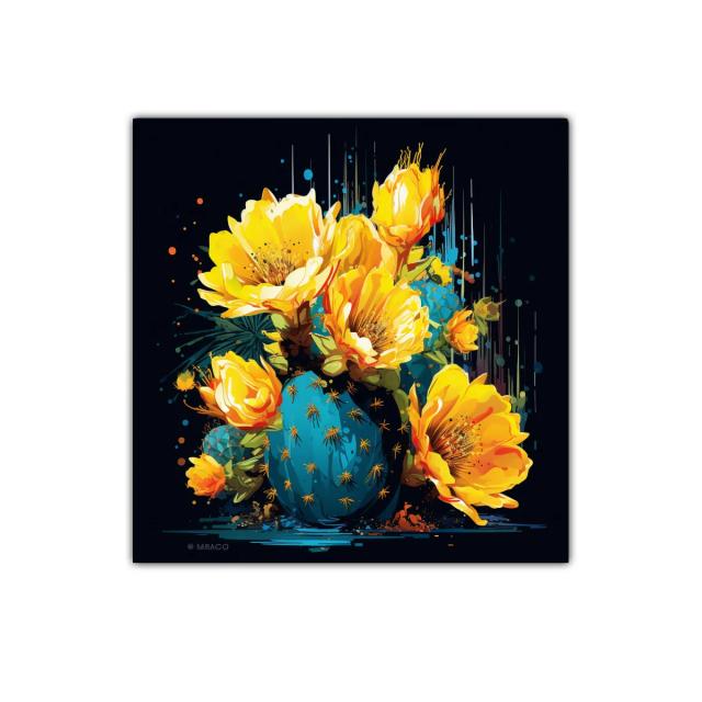 Cuadro moderno con flores amarillas y cactus azul vibrante