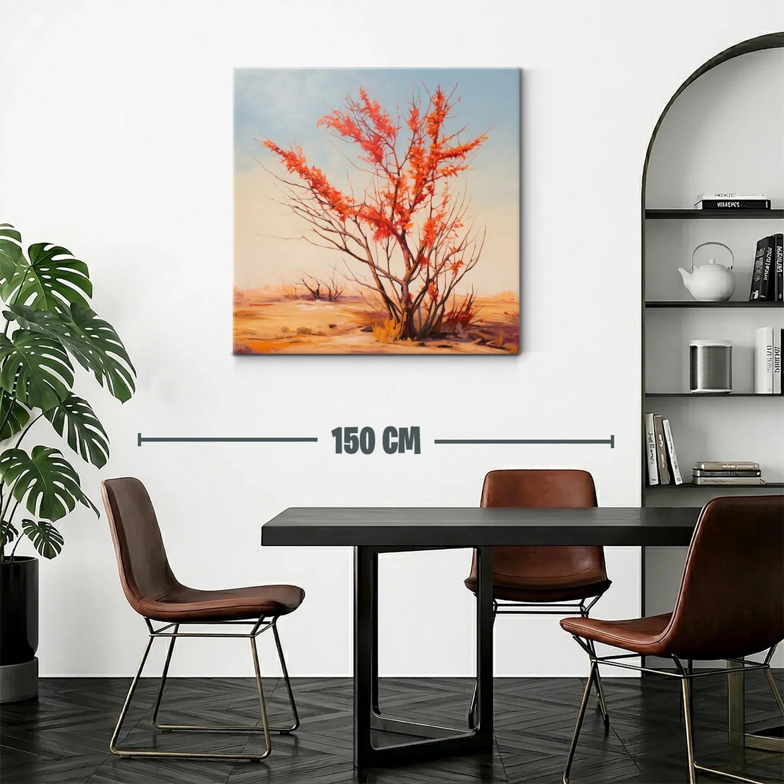 Árbol otoñal con hojas rojas sobre paisaje cálido — miniatura 2