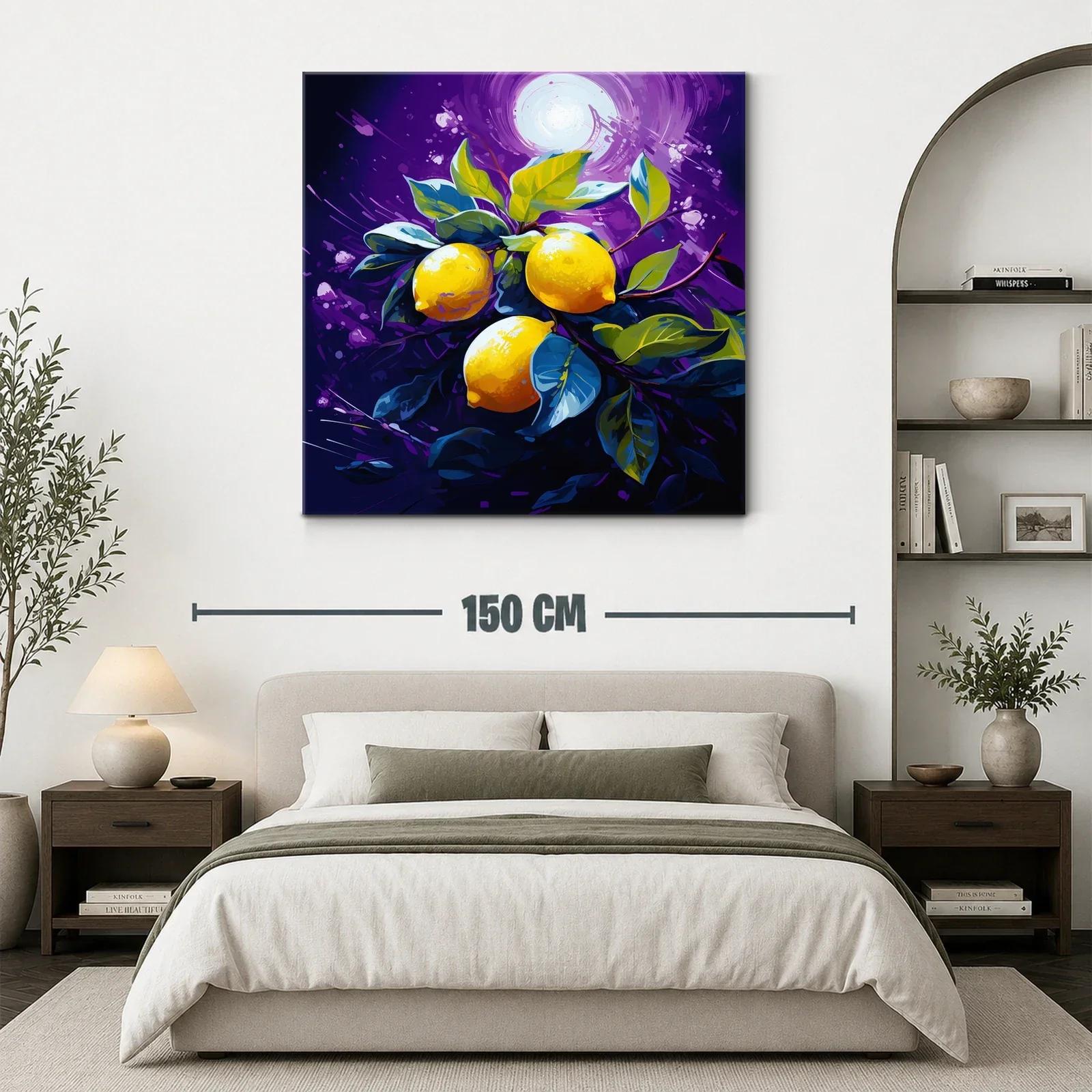 Cuadro vibrante con limones y hojas sobre fondo púrpura — miniatura 3
