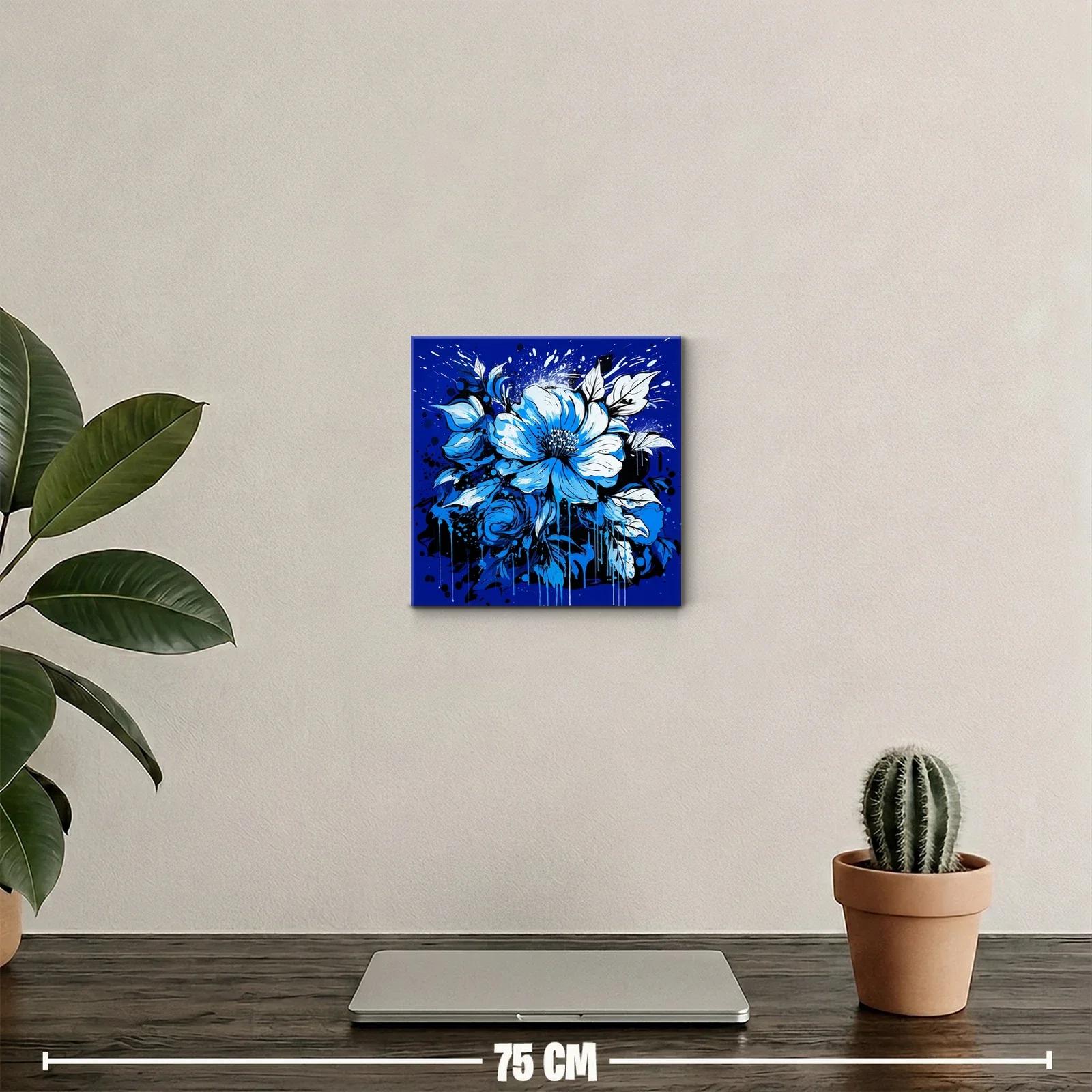 Cuadro floral vibrante en tonos azules intensos y negros — miniatura 2