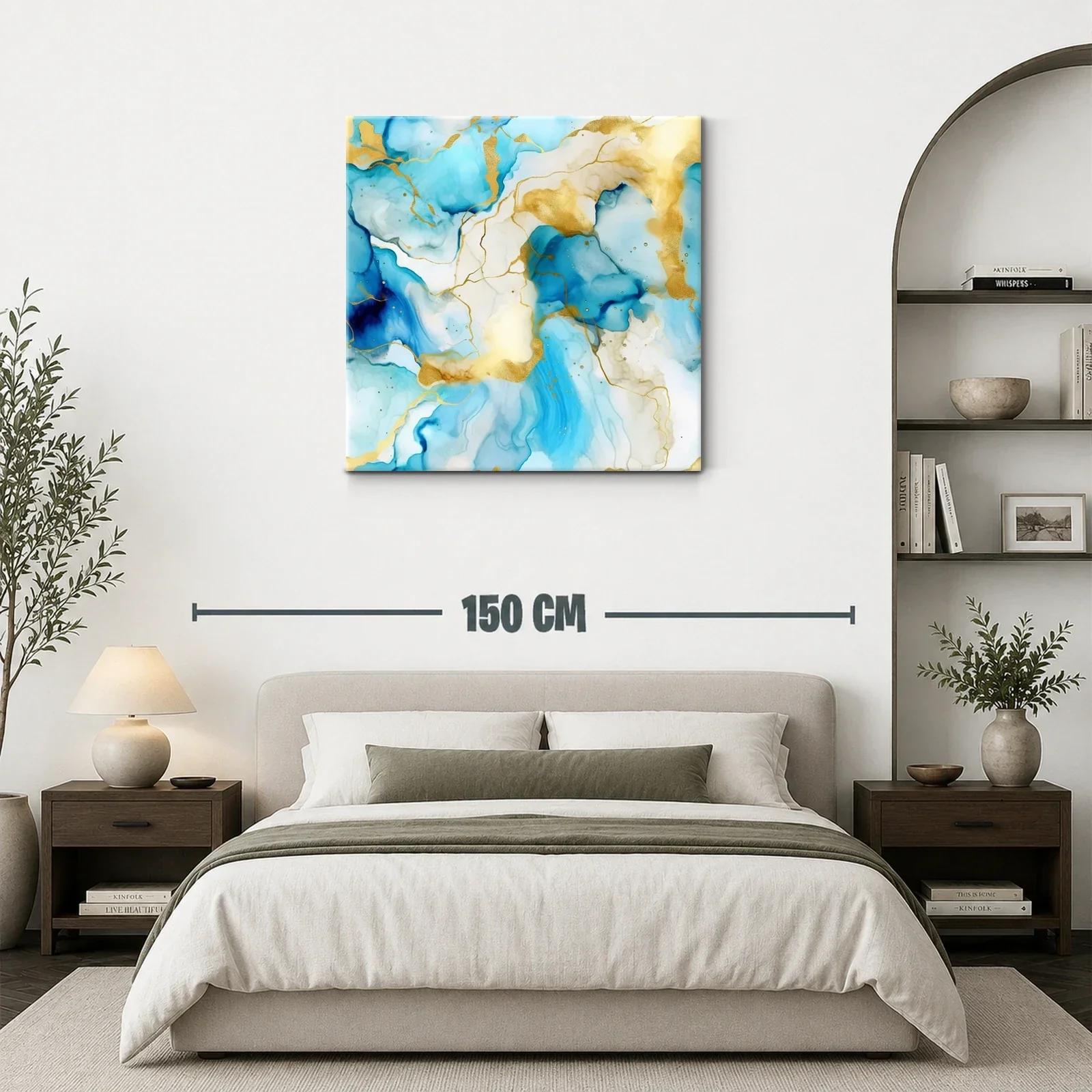 Cuadro abstracto azul y dorado con diseño fluido elegante — miniatura 3