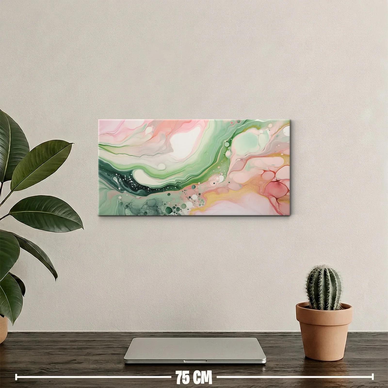 Cuadro abstracción fluida en verde y rosa con vetas tipo mármol — miniatura 2