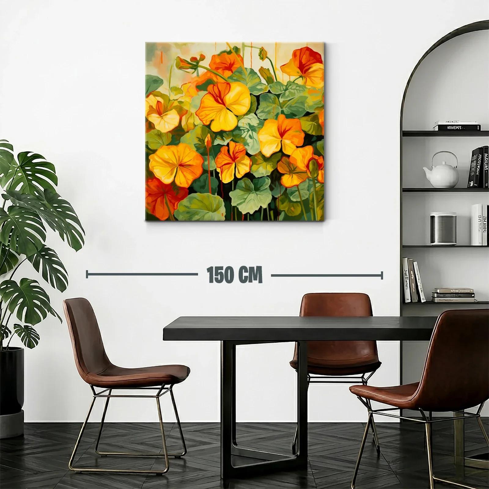 Cuadro vibrante con flores en tonos cálidos y hojas verdes — miniatura 2