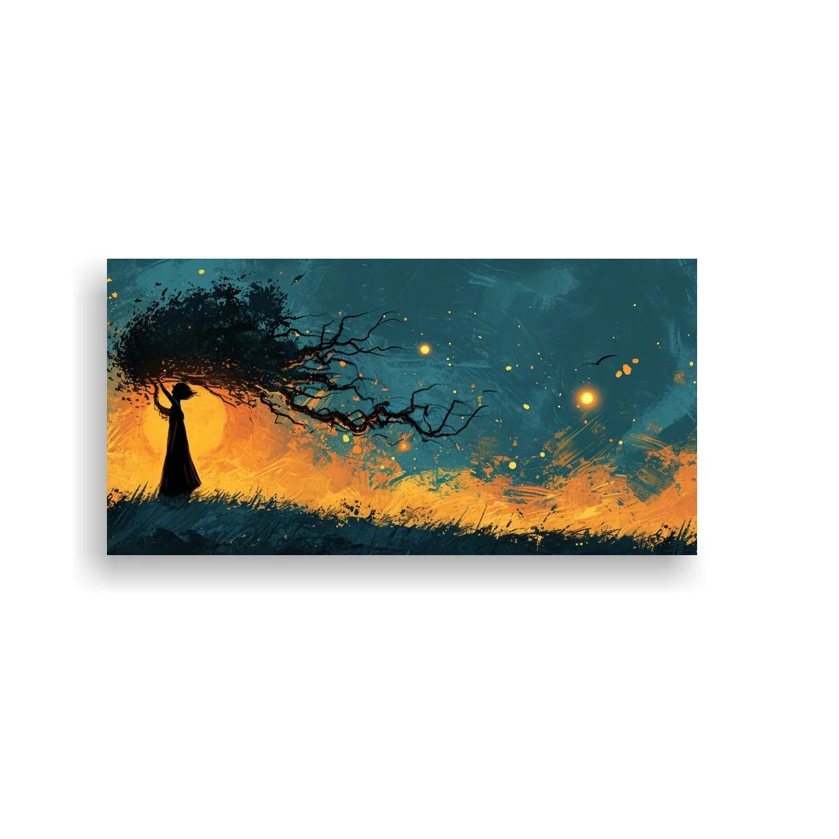 Cuadro árbol inclinado por el viento con mujer en silueta — imagen principal