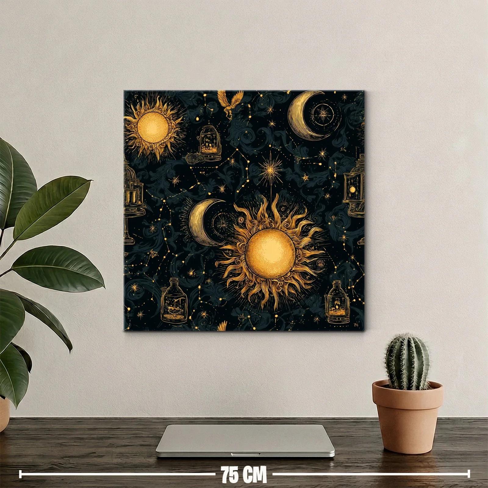 Cuadro celestial con sol y luna en tonos dorados y negros — miniatura 2