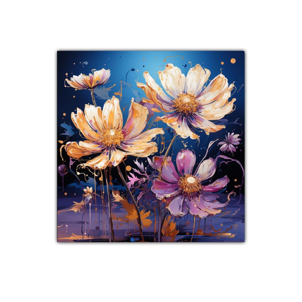Cuadro floral con flores vibrantes en tonos cálidos y fondo azul — imagen principal