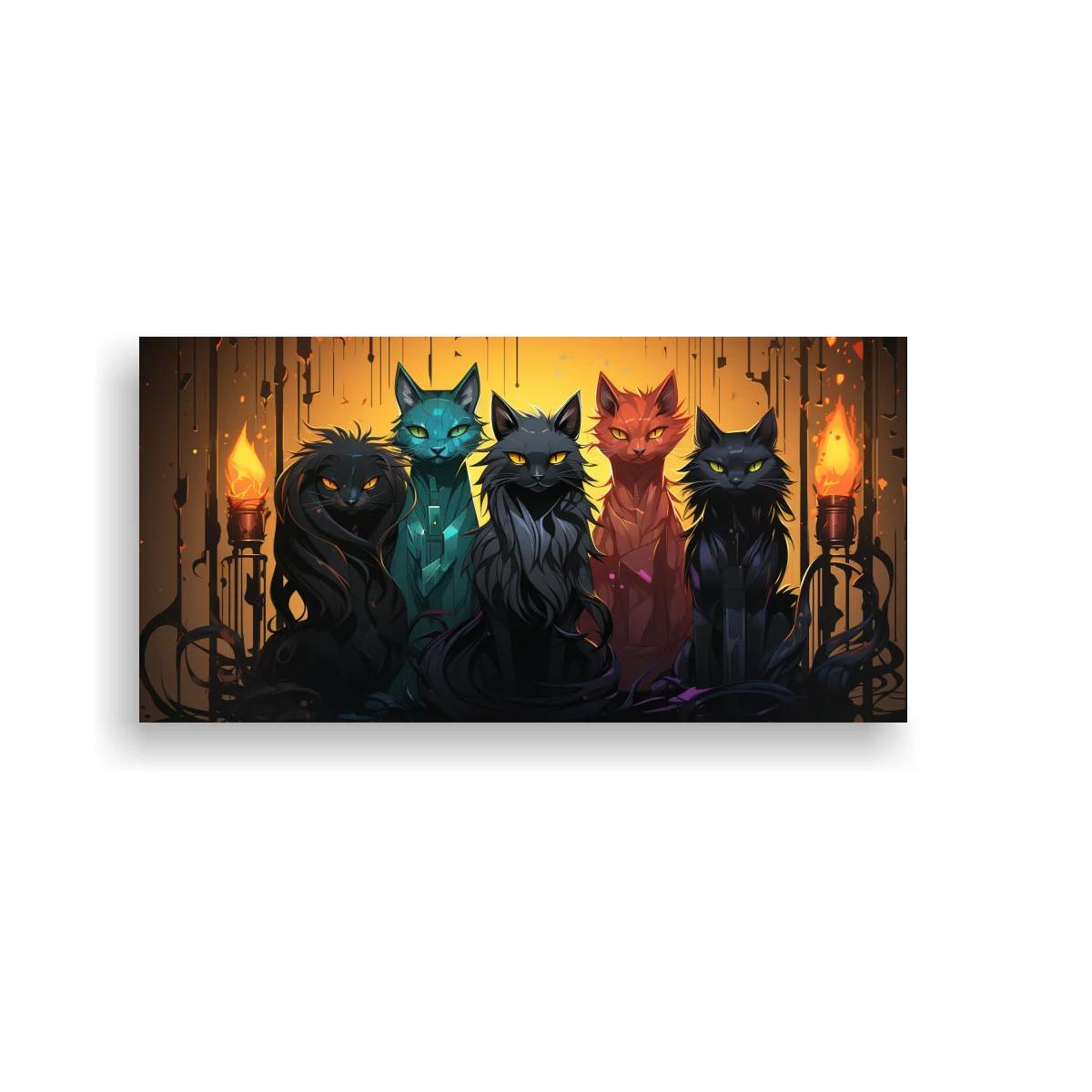 Cuadro cinco gatos con candelabros y velas
