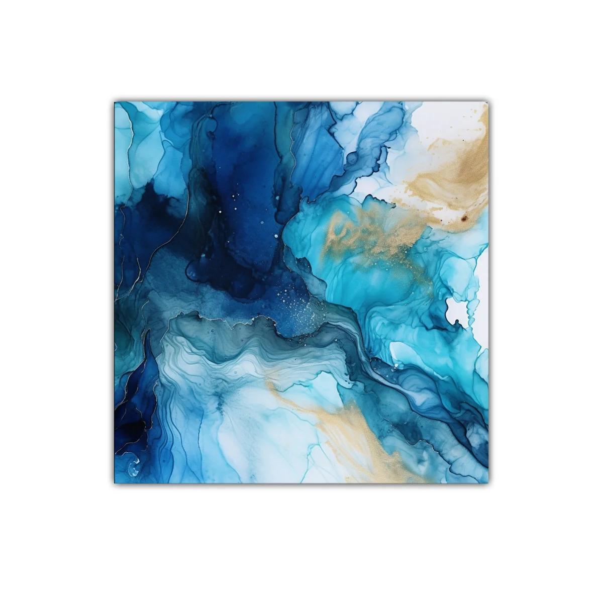 Cuadro decorativo con formas abstractas en azul y dorado